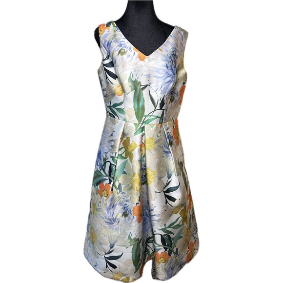 Kay Unger Dresses & Skirts - Kay Unger Taffeta White Floral Sleeveless A-Line Tea Length V-Neck Dress Size 10